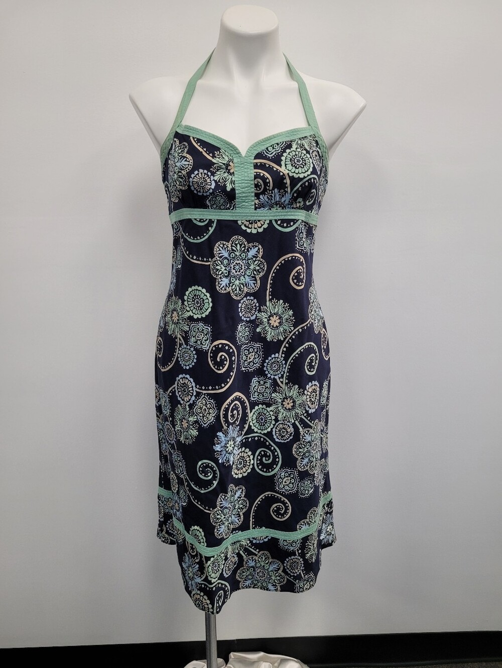 LOFT Navy Floral Halter Dress with Mint Trim